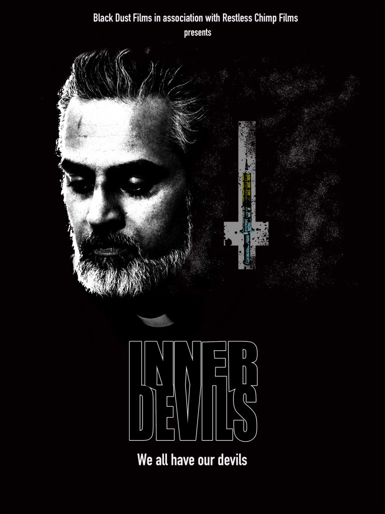 Poster of supernatural short 'Inner Devils'. It features a headshot of actor Kal Sabir as Father Luca, looking down and sullen. Next to him is an upturned cross, set within is a syringe.