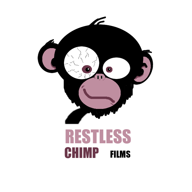 Restless Chimp Films Logo. It is a graphic of a young looking monkey, with one eye strained and larger than the other.